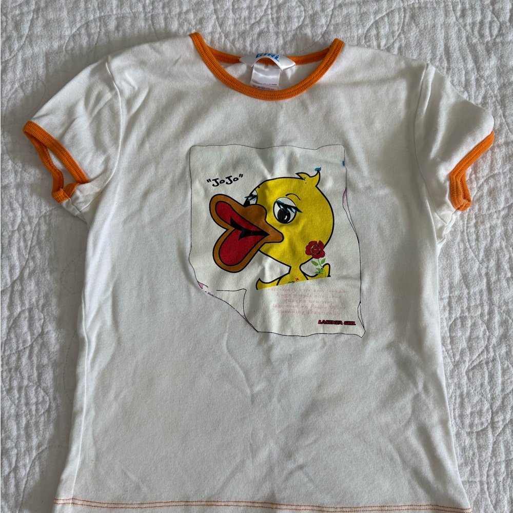Vintage La SENZA Girl White Ringer Tee with Orange Trim and Yellow Duck Medium